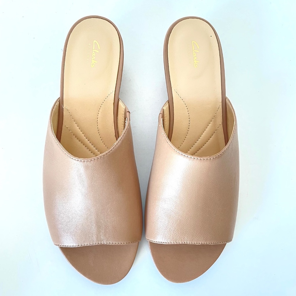 Clarks Parram Waltz Beige Leather Slide Comfort Mule Wedge 9.5